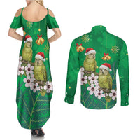 New Zealand Kakapo Christmas Couples Matching Summer Maxi Dress and Long Sleeve Button Shirt Owl Parrot Santa Sliver Fern Manuka - Green LT14 - Polynesian Pride