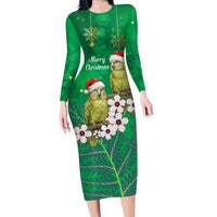 New Zealand Kakapo Christmas Family Matching Long Sleeve Bodycon Dress and Hawaiian Shirt Owl Parrot Santa Sliver Fern Manuka - Green LT14 Green - Polynesian Pride