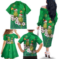 New Zealand Kakapo Christmas Family Matching Off The Shoulder Long Sleeve Dress and Hawaiian Shirt Owl Parrot Santa Sliver Fern Manuka - Green - Polynesian Pride