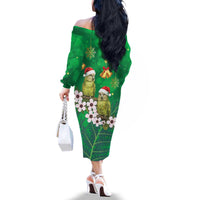 New Zealand Kakapo Christmas Family Matching Off The Shoulder Long Sleeve Dress and Hawaiian Shirt Owl Parrot Santa Sliver Fern Manuka - Green - Polynesian Pride