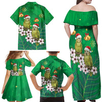 New Zealand Kakapo Christmas Family Matching Off Shoulder Maxi Dress and Hawaiian Shirt Owl Parrot Santa Sliver Fern Manuka - Green - Polynesian Pride