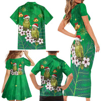 New Zealand Kakapo Christmas Family Matching Short Sleeve Bodycon Dress and Hawaiian Shirt Owl Parrot Santa Sliver Fern Manuka - Green LT14 - Polynesian Pride