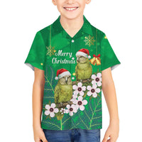 New Zealand Kakapo Christmas Family Matching Short Sleeve Bodycon Dress and Hawaiian Shirt Owl Parrot Santa Sliver Fern Manuka - Green LT14 - Polynesian Pride