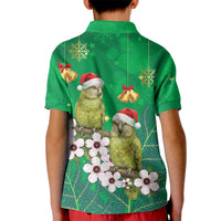 New Zealand Kakapo Christmas Kid Polo Shirt Owl Parrot Santa Sliver Fern Manuka - Green - Polynesian Pride