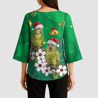 New Zealand Kakapo Christmas Kimono Sleeve Blouse Owl Parrot Santa Sliver Fern Manuka - Green LT14 - Polynesian Pride