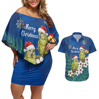 New Zealand Kakapo Christmas Couples Matching Off Shoulder Short Dress and Hawaiian Shirt Owl Parrot Santa Sliver Fern Manuka - Blue - Polynesian Pride