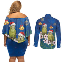 New Zealand Kakapo Christmas Couples Matching Off Shoulder Short Dress and Long Sleeve Button Shirt Owl Parrot Santa Sliver Fern Manuka - Blue - Polynesian Pride
