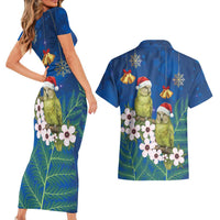 New Zealand Kakapo Christmas Couples Matching Short Sleeve Bodycon Dress and Hawaiian Shirt Owl Parrot Santa Sliver Fern Manuka - Blue LT14 - Polynesian Pride
