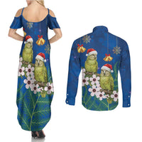 New Zealand Kakapo Christmas Couples Matching Summer Maxi Dress and Long Sleeve Button Shirt Owl Parrot Santa Sliver Fern Manuka - Blue LT14 - Polynesian Pride