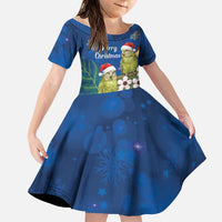 New Zealand Kakapo Christmas Family Matching Off The Shoulder Long Sleeve Dress and Hawaiian Shirt Owl Parrot Santa Sliver Fern Manuka - Blue LT14 Daughter's Dress Blue - Polynesian Pride