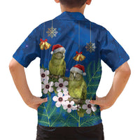 New Zealand Kakapo Christmas Family Matching Off Shoulder Short Dress and Hawaiian Shirt Owl Parrot Santa Sliver Fern Manuka - Blue - Polynesian Pride