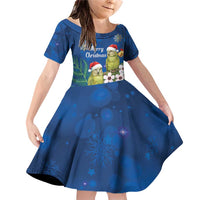 New Zealand Kakapo Christmas Family Matching Off Shoulder Short Dress and Hawaiian Shirt Owl Parrot Santa Sliver Fern Manuka - Blue LT14 Daughter's Dress Blue - Polynesian Pride