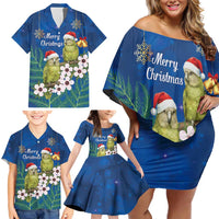 New Zealand Kakapo Christmas Family Matching Off Shoulder Short Dress and Hawaiian Shirt Owl Parrot Santa Sliver Fern Manuka - Blue - Polynesian Pride
