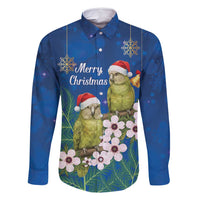 New Zealand Kakapo Christmas Family Matching Off Shoulder Short Dress and Hawaiian Shirt Owl Parrot Santa Sliver Fern Manuka - Blue LT14 Dad's Shirt - Long Sleeve Blue - Polynesian Pride