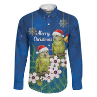 New Zealand Kakapo Christmas Family Matching Tank Maxi Dress and Hawaiian Shirt Owl Parrot Santa Sliver Fern Manuka - Blue LT14 Dad's Shirt - Long Sleeve Blue - Polynesian Pride