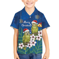 New Zealand Kakapo Christmas Kid Hawaiian Shirt Owl Parrot Santa Sliver Fern Manuka - Blue - Polynesian Pride