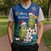 New Zealand Kakapo Christmas Knitted V-Neck Vest Owl Parrot Santa Sliver Fern Manuka - Blue - Polynesian Pride