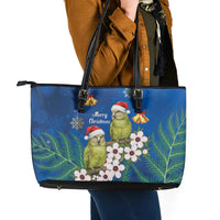 New Zealand Kakapo Christmas Leather Tote Bag Owl Parrot Santa Sliver Fern Manuka - Blue - Polynesian Pride