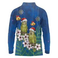 New Zealand Kakapo Christmas Long Sleeve Polo Shirt Owl Parrot Santa Sliver Fern Manuka - Blue - Polynesian Pride