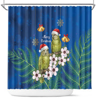 New Zealand Kakapo Christmas Shower Curtain Owl Parrot Santa Sliver Fern Manuka - Blue - Polynesian Pride