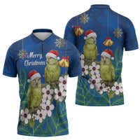New Zealand Kakapo Christmas Zipper Polo Shirt Owl Parrot Santa Sliver Fern Manuka - Blue LT14 - Polynesian Pride