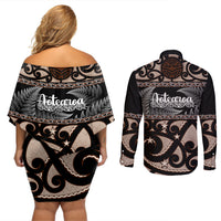 Kia Ora New Zealand Couples Matching Off Shoulder Short Dress and Long Sleeve Button Shirt Aotearoa Proud Maori With Silver Fern LT14 - Polynesian Pride