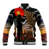 New Zealand ANZAC Day Baseball Jacket Lest We Forget Silver Fern With Camouflage LT14 Unisex Black - Polynesian Pride