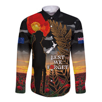 New Zealand ANZAC Day Long Sleeve Button Shirt Lest We Forget Silver Fern With Camouflage LT14 Unisex Black - Polynesian Pride