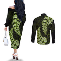 Green New Zealand Paisley Silver Fern Couples Matching Off The Shoulder Long Sleeve Dress and Long Sleeve Button Shirt Aotearoa Maori LT14 - Polynesian Pride