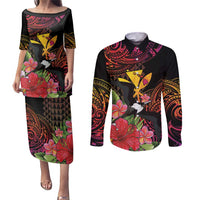 Hawaii Iwa Bird Couples Matching Puletasi and Long Sleeve Button Shirt Great Frigatebird Kanaka Tropical Hippie Style - Polynesian Pride