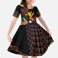 Hawaii Iwa Bird Family Matching Summer Maxi Dress and Hawaiian Shirt Great Frigatebird Kanaka Tropical Hippie Style LT14 Daughter's Dress Black - Polynesian Pride