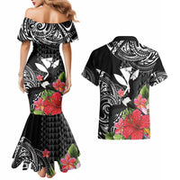 Hawaii Iwa Bird Couples Matching Mermaid Dress and Hawaiian Shirt Great Frigatebird Kanaka Tropical Flowers - Polynesian Pride
