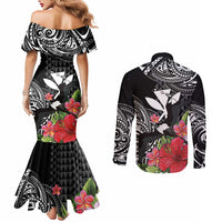 Hawaii Iwa Bird Couples Matching Mermaid Dress and Long Sleeve Button Shirt Great Frigatebird Kanaka Tropical Flowers - Polynesian Pride