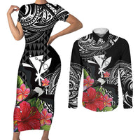 Hawaii Iwa Bird Couples Matching Short Sleeve Bodycon Dress and Long Sleeve Button Shirt Great Frigatebird Kanaka Tropical Flowers - Polynesian Pride