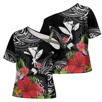Hawaii Iwa Bird Cross Shoulder Shirt Great Frigatebird Kanaka Tropical Flowers - Polynesian Pride