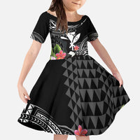 Hawaii Iwa Bird Family Matching Off The Shoulder Long Sleeve Dress and Hawaiian Shirt Great Frigatebird Kanaka Tropical Flowers LT14 Daughter's Dress Black - Polynesian Pride