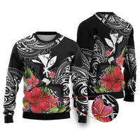 Hawaii Iwa Bird Ugly Christmas Sweater Great Frigatebird Kanaka Tropical Flowers LT14 Black - Polynesian Pride