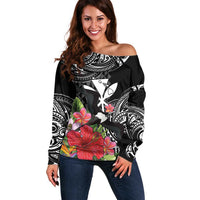 Hawaii Iwa Bird Off Shoulder Sweater Great Frigatebird Kanaka Tropical Flowers - Polynesian Pride