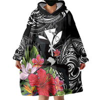 Hawaii Iwa Bird Wearable Blanket Hoodie Great Frigatebird Kanaka Tropical Flowers - Polynesian Pride