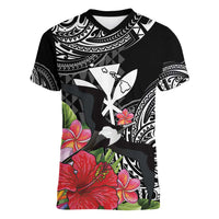 Hawaii Iwa Bird Women V-Neck T-Shirt Great Frigatebird Kanaka Tropical Flowers - Polynesian Pride
