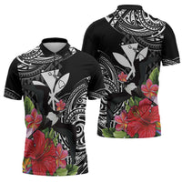 Hawaii Iwa Bird Zipper Polo Shirt Great Frigatebird Kanaka Tropical Flowers - Polynesian Pride