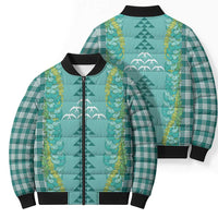 Teal Palaka Hawaii Iwa Bird Bomber Puffer Jacket Hawaiian Kakau Jade Vine Lei - Polynesian Pride