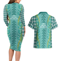 Teal Palaka Hawaii Iwa Bird Couples Matching Long Sleeve Bodycon Dress and Hawaiian Shirt Hawaiian Kakau Jade Vine Lei LT14 - Polynesian Pride