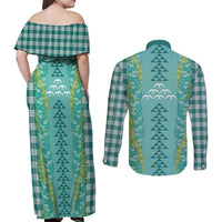 Teal Palaka Hawaii Iwa Bird Couples Matching Off Shoulder Maxi Dress and Long Sleeve Button Shirt Hawaiian Kakau Jade Vine Lei LT14 - Polynesian Pride