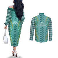 Teal Palaka Hawaii Iwa Bird Couples Matching Off The Shoulder Long Sleeve Dress and Long Sleeve Button Shirt Hawaiian Kakau Jade Vine Lei - Polynesian Pride