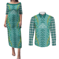 Teal Palaka Hawaii Iwa Bird Couples Matching Puletasi and Long Sleeve Button Shirt Hawaiian Kakau Jade Vine Lei LT14 Teal - Polynesian Pride
