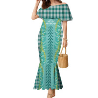 Teal Palaka Hawaii Iwa Bird Family Matching Mermaid Dress and Hawaiian Shirt Hawaiian Kakau Jade Vine Lei LT14 Mom's Dress Teal - Polynesian Pride