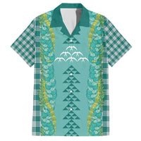 Teal Palaka Hawaii Iwa Bird Family Matching Off The Shoulder Long Sleeve Dress and Hawaiian Shirt Hawaiian Kakau Jade Vine Lei - Polynesian Pride