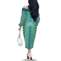 Teal Palaka Hawaii Iwa Bird Family Matching Off The Shoulder Long Sleeve Dress and Hawaiian Shirt Hawaiian Kakau Jade Vine Lei LT14 - Polynesian Pride