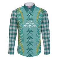 Teal Palaka Hawaii Iwa Bird Family Matching Off Shoulder Maxi Dress and Hawaiian Shirt Hawaiian Kakau Jade Vine Lei LT14 Dad's Shirt - Long Sleeve Teal - Polynesian Pride